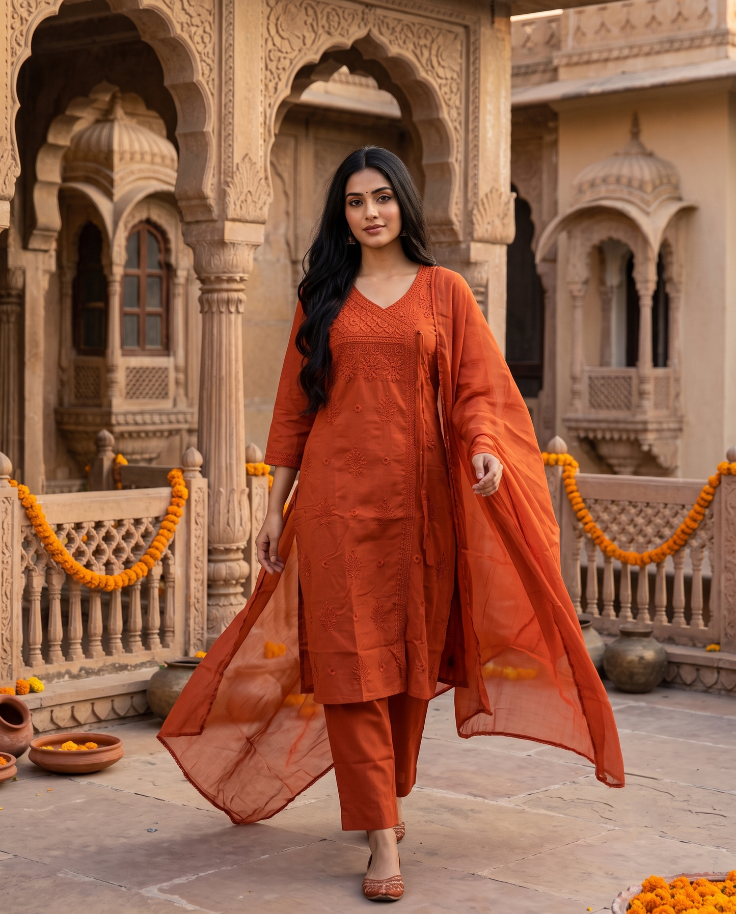 Rust Tonal Chikankari Kurti Set