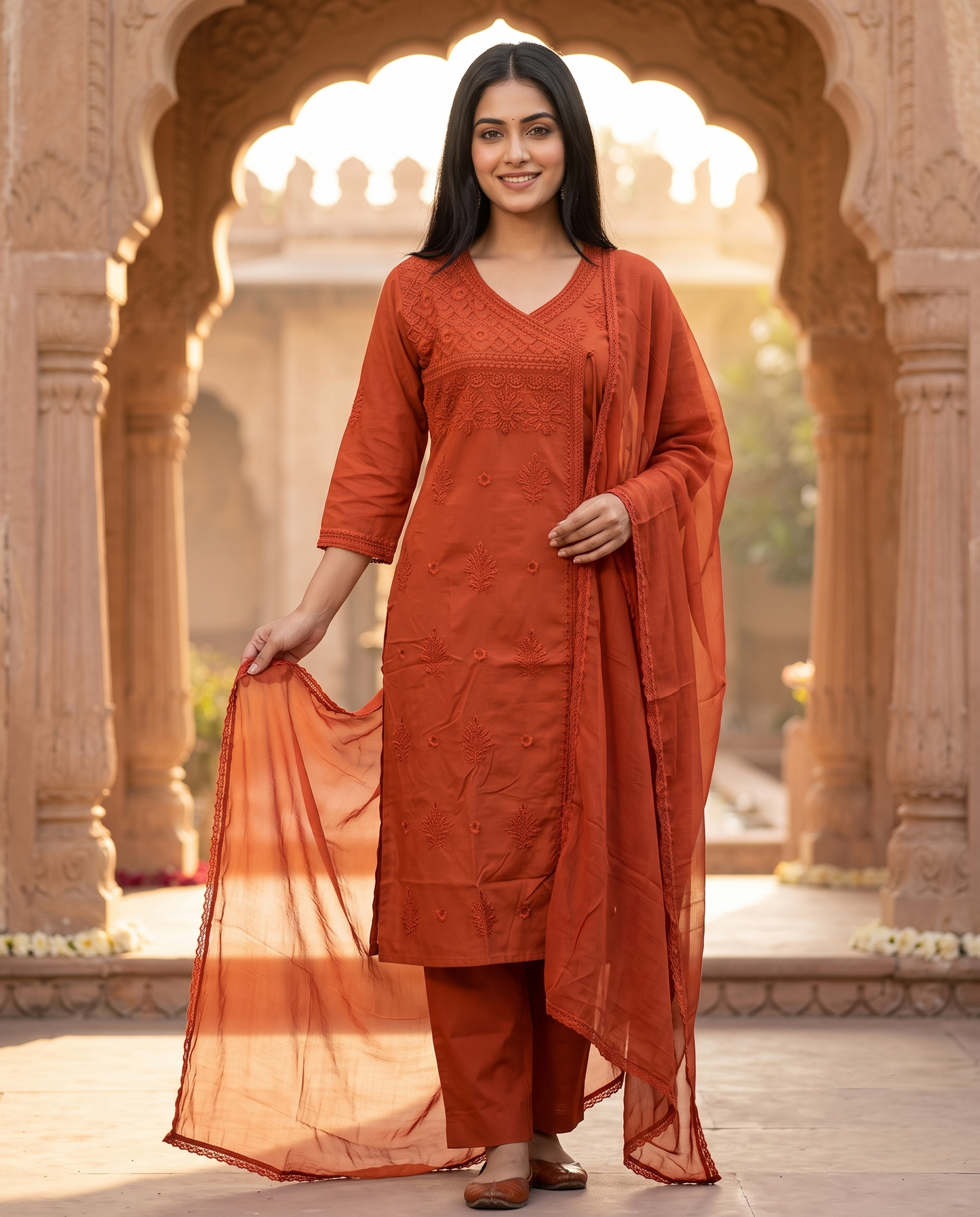 Rust Tonal Chikankari Kurti Set