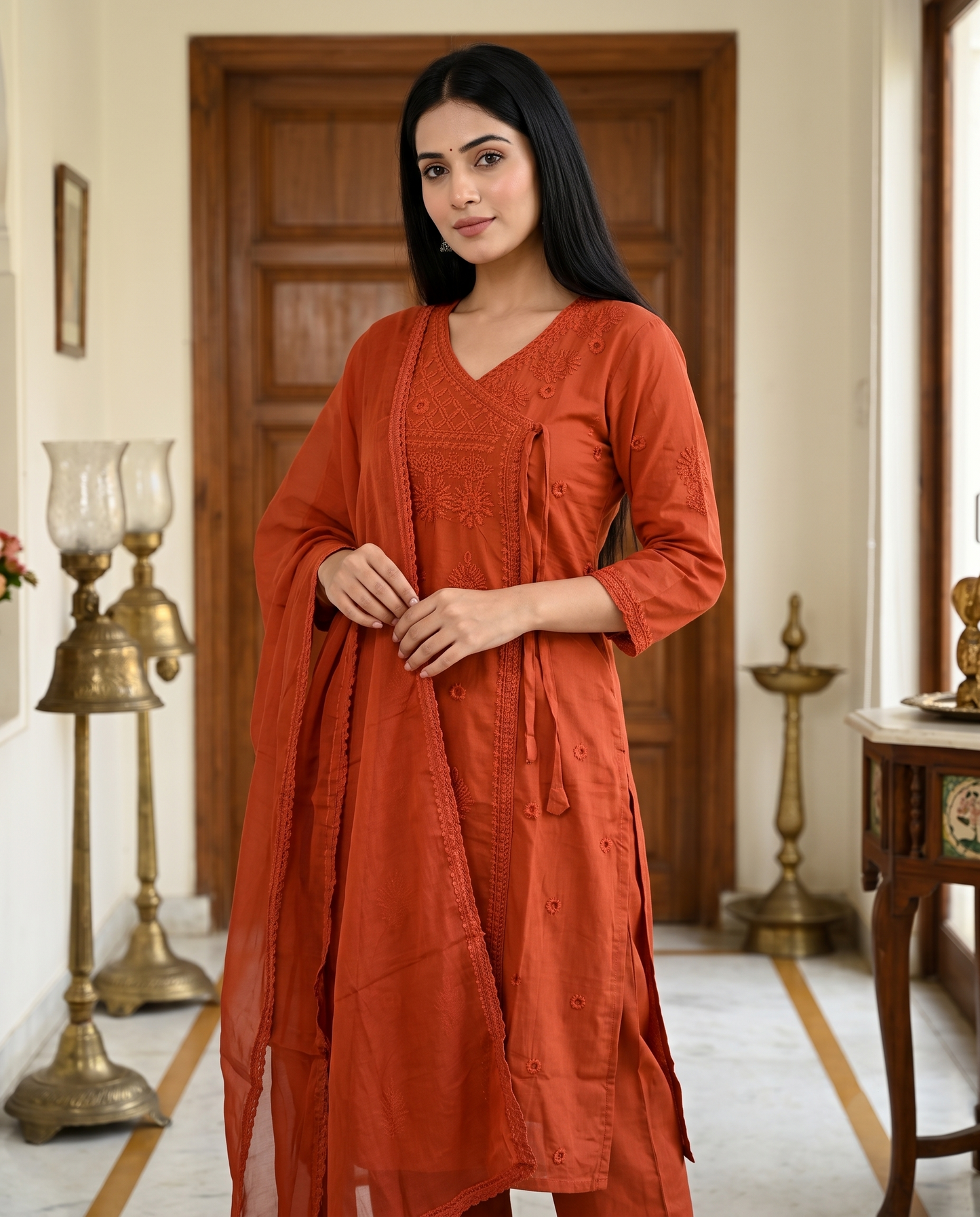 Rust Tonal Chikankari Kurti Set