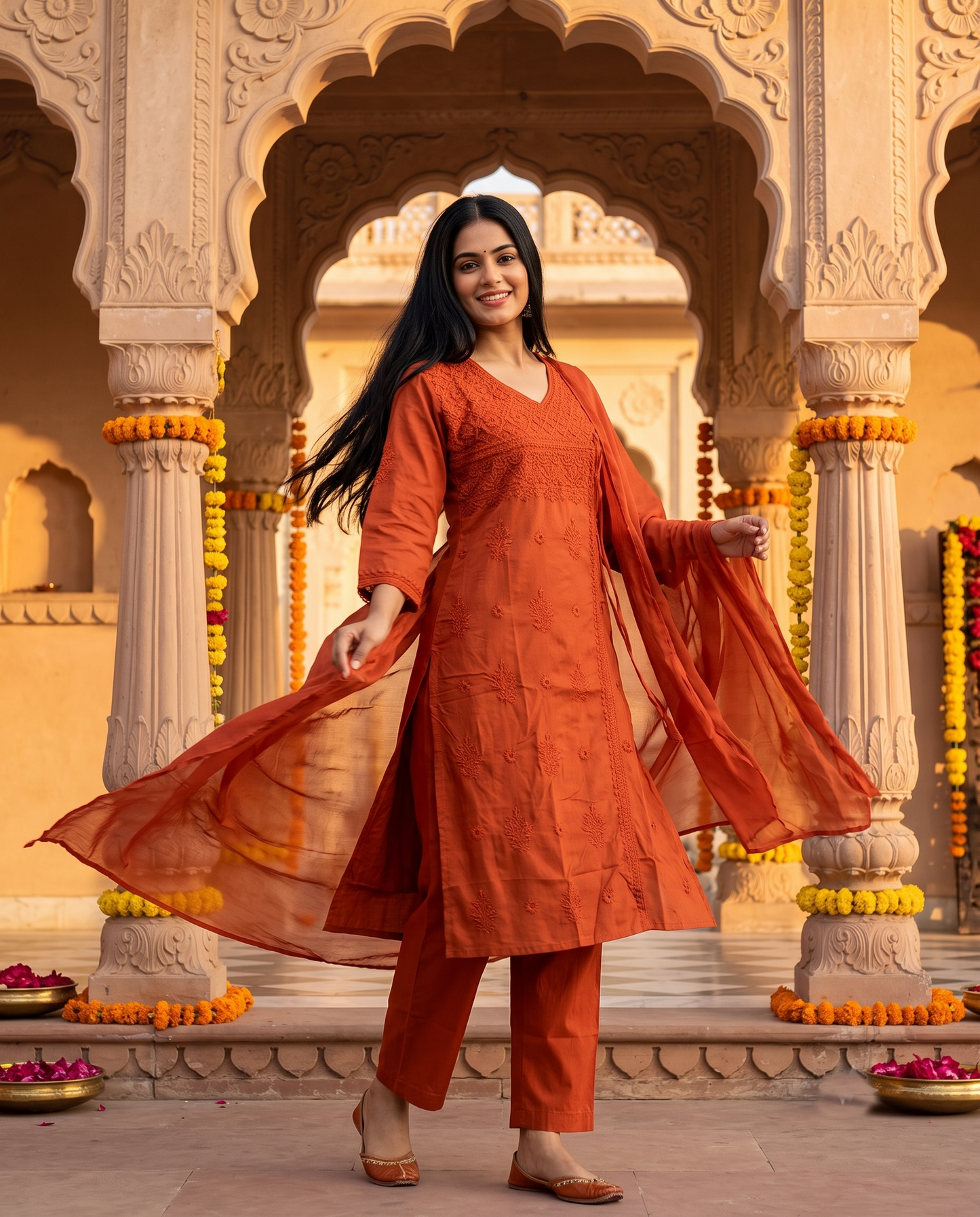 Rust Tonal Chikankari Kurti Set