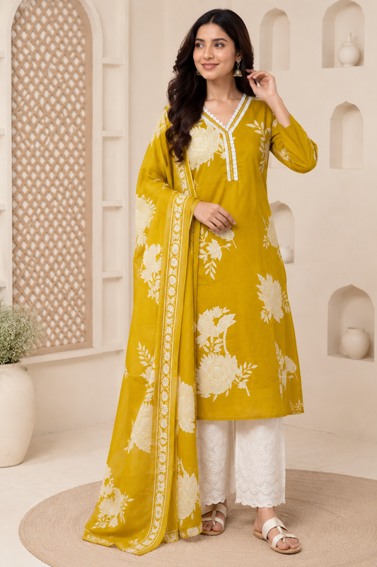 Mustard Yellow Floral Print Kurti Set
