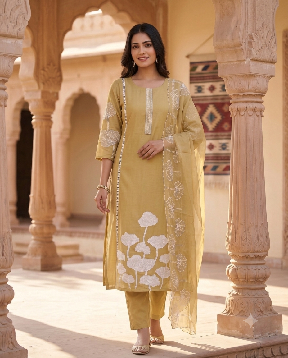 Pastel Yellow Ginkgo Embroidered Kurti Set