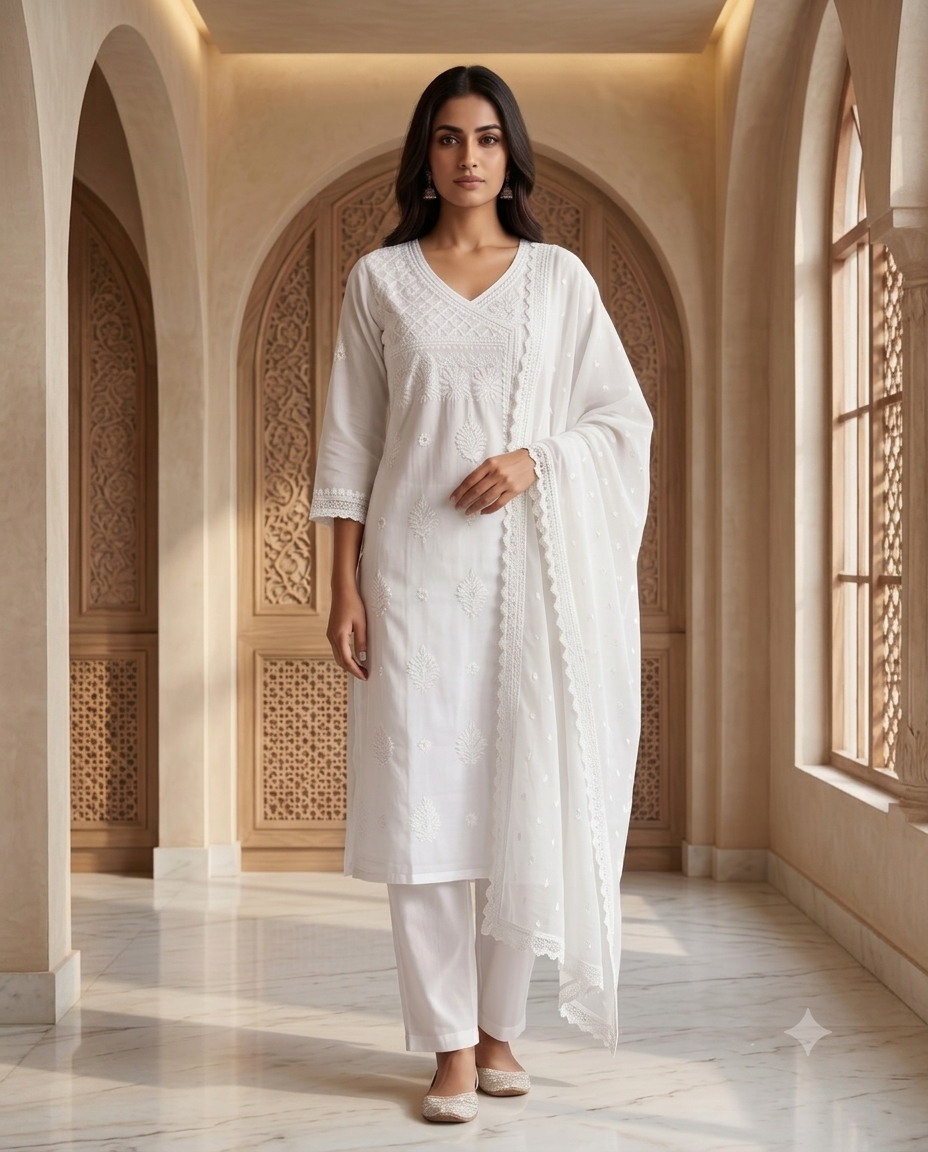 White Chikankari Kurti Set