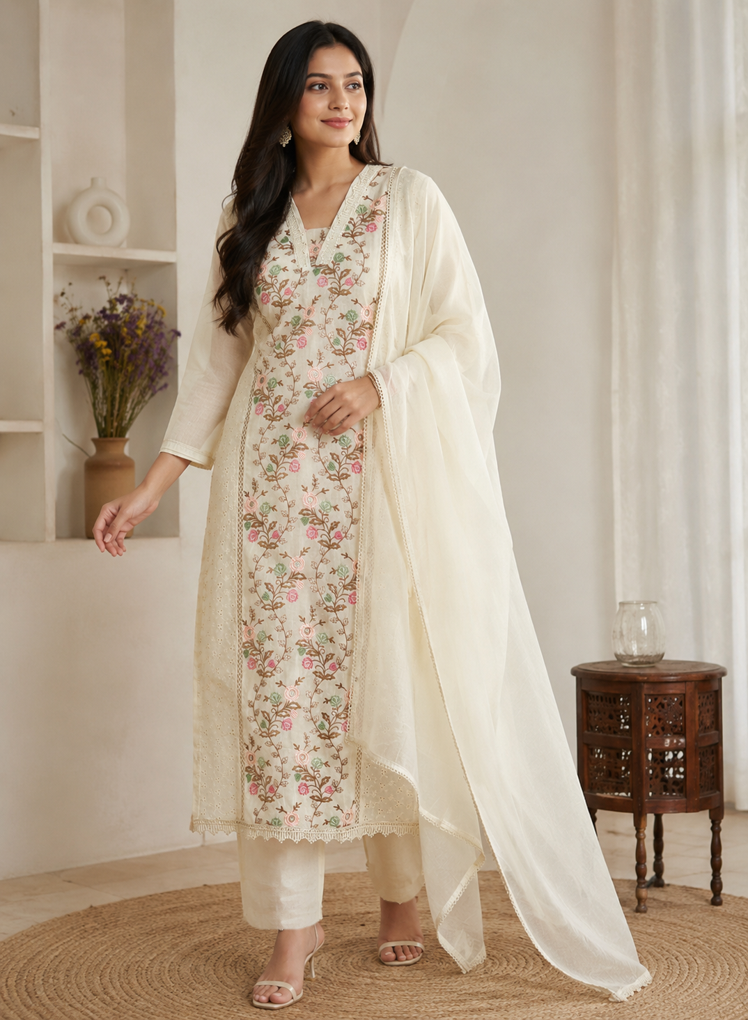 Ivory Floral Embroidered Kurti Set