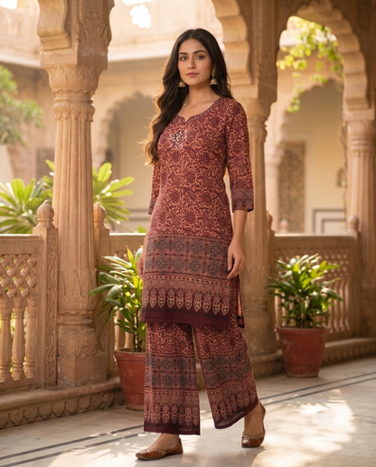 Maroon Ajrakh Print Kurti with Palazzo