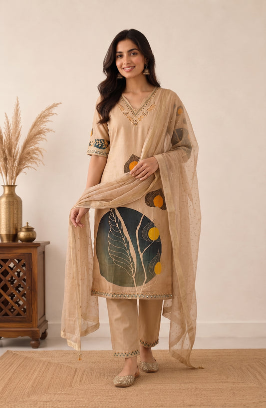 Beige Pichwai Leaf Print Kurti Set
