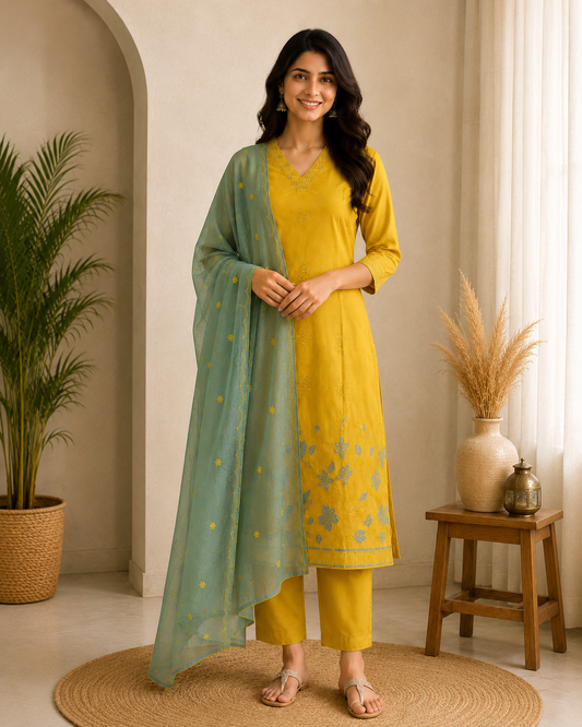 Mustard Yellow Embroidered Kurti Set with Powder Blue Dupatta
