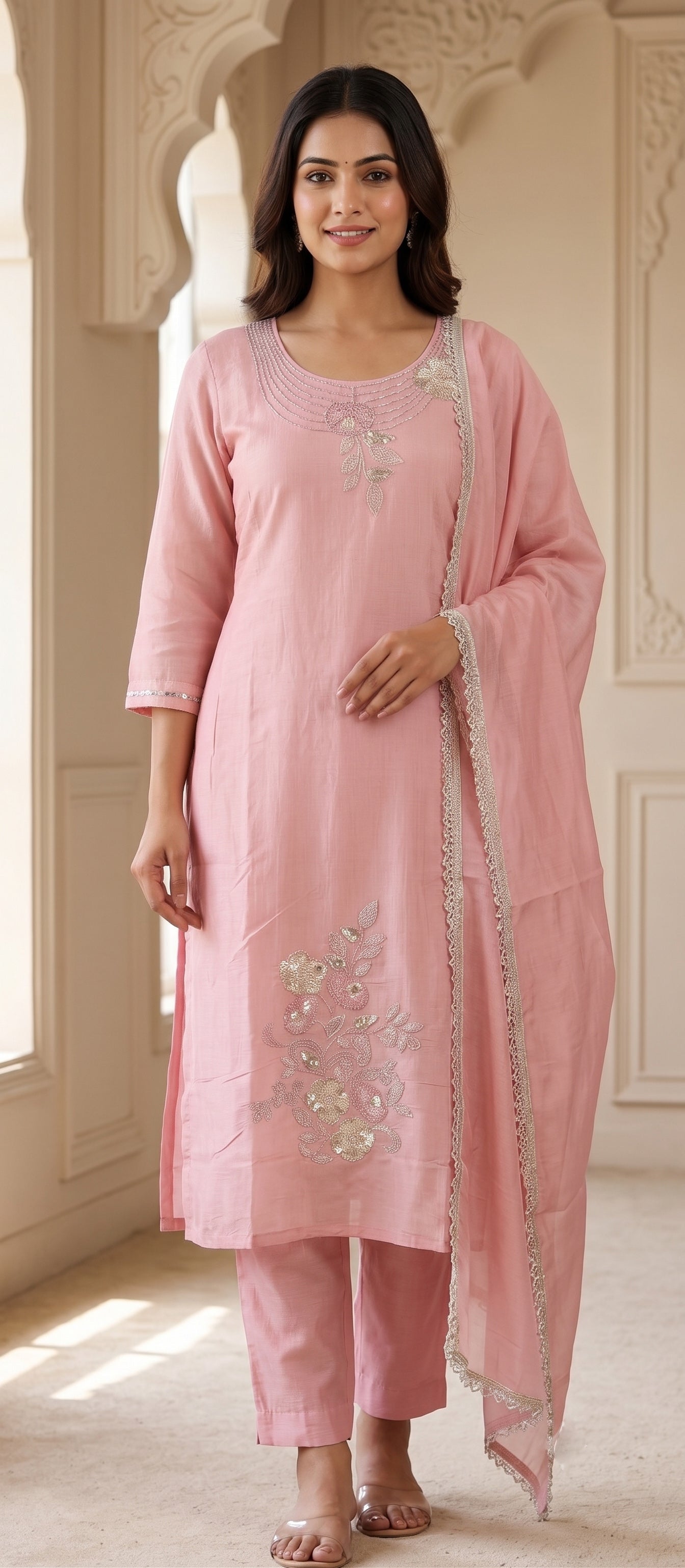Blush Pink Embroidered Kurti Set with Dupatta