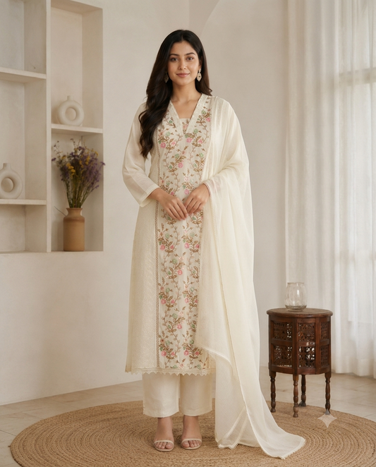 Ivory Floral Embroidered Kurti Set