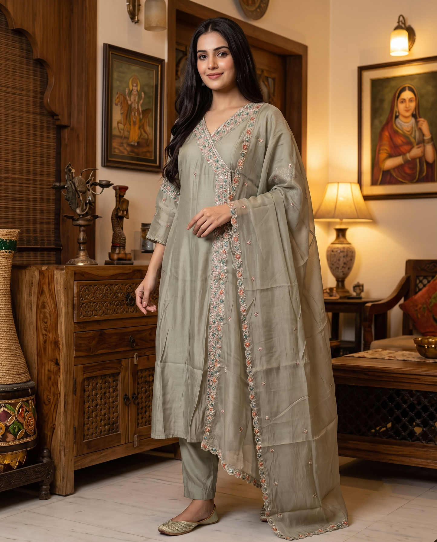 Warm beige Embroidered Kurti Set with Dupatta