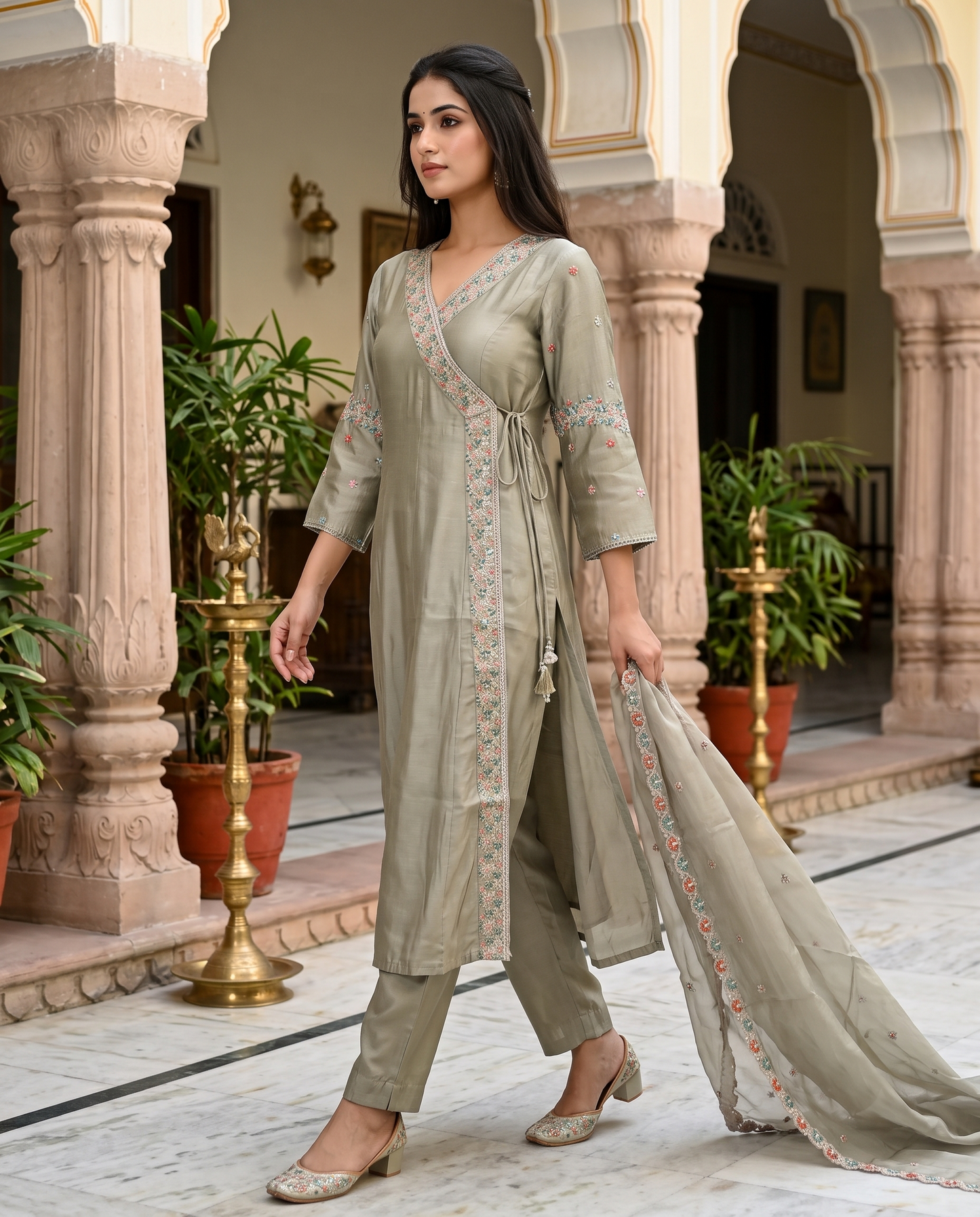 Warm beige Embroidered Kurti Set with Dupatta