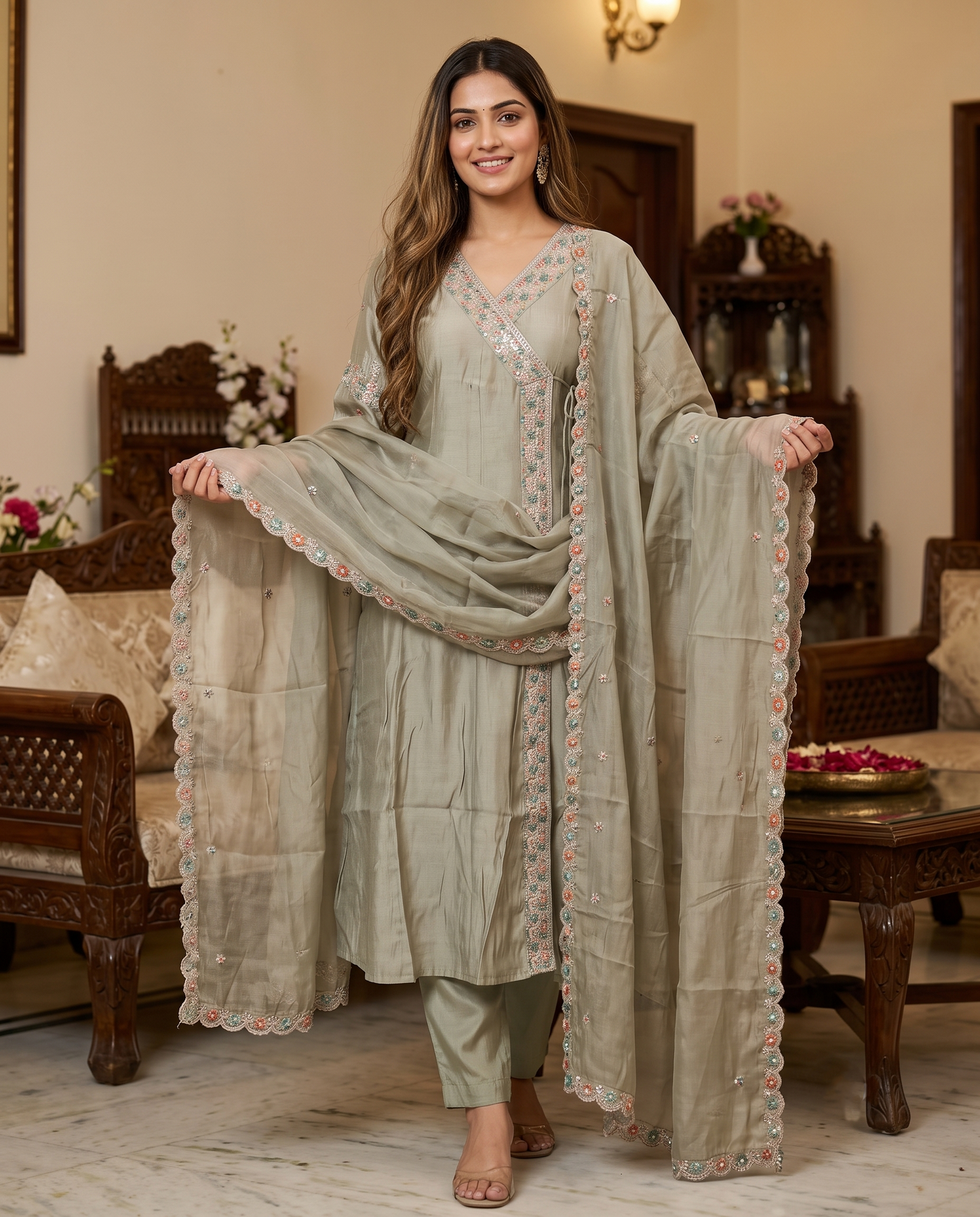 Warm beige Embroidered Kurti Set with Dupatta