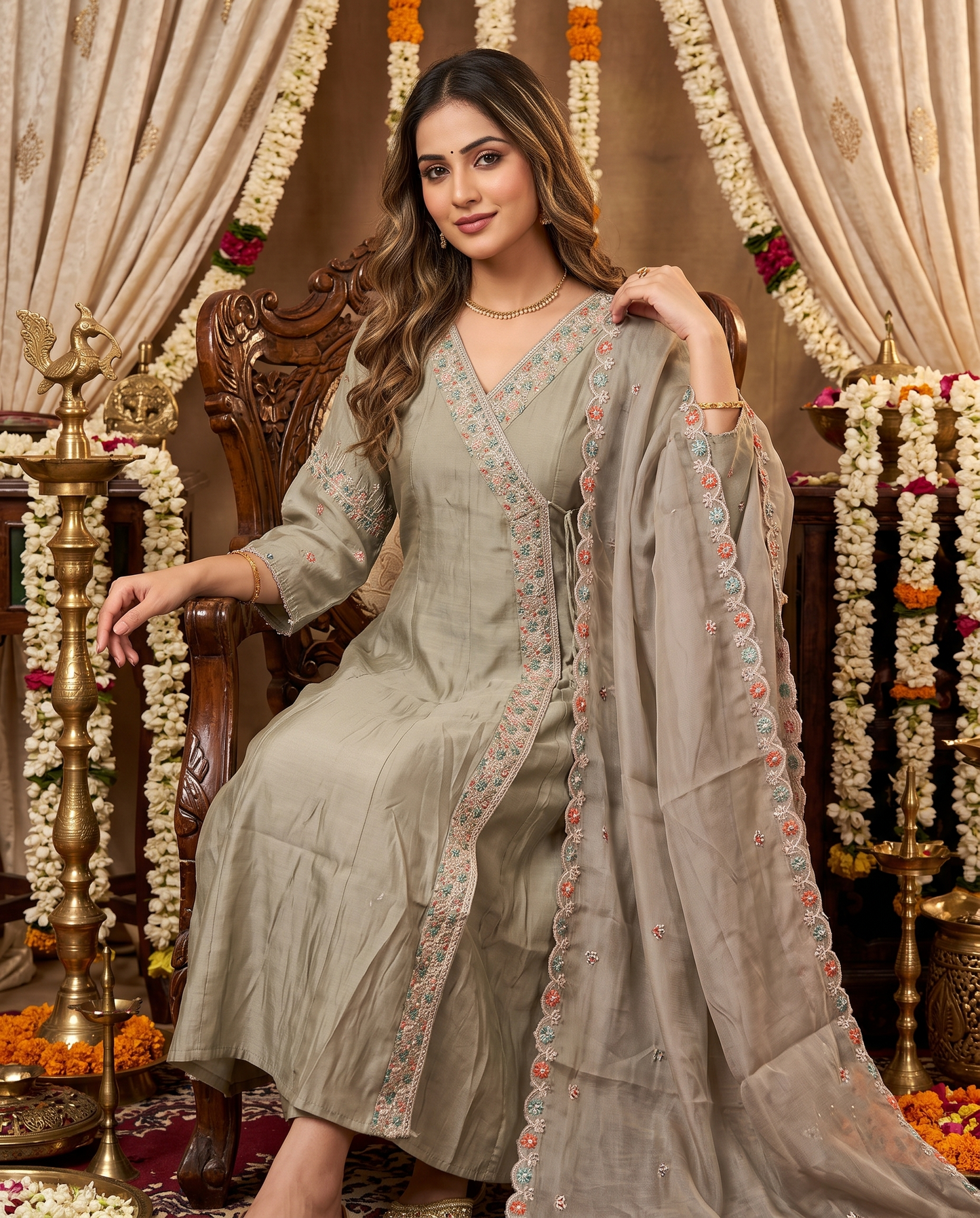 Warm beige Embroidered Kurti Set with Dupatta
