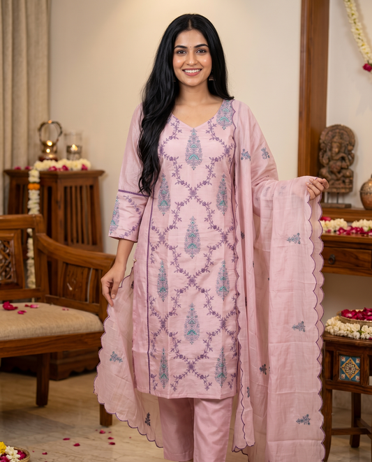 Dusty Rose Embroidered Kurti Set with Net Dupatta