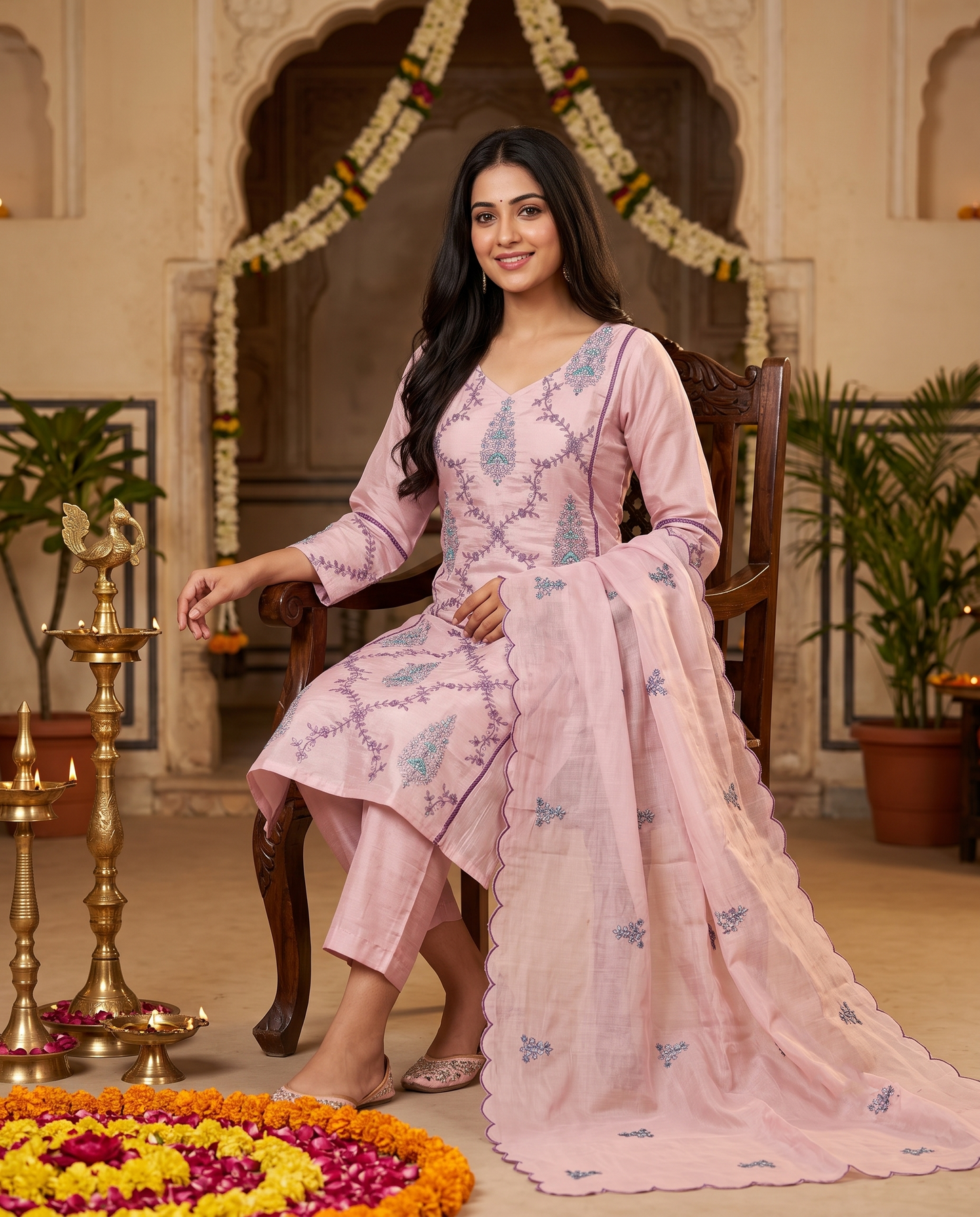 Dusty Rose Embroidered Kurti Set with Net Dupatta