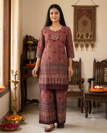 Maroon Ajrakh Print Kurti with Palazzo