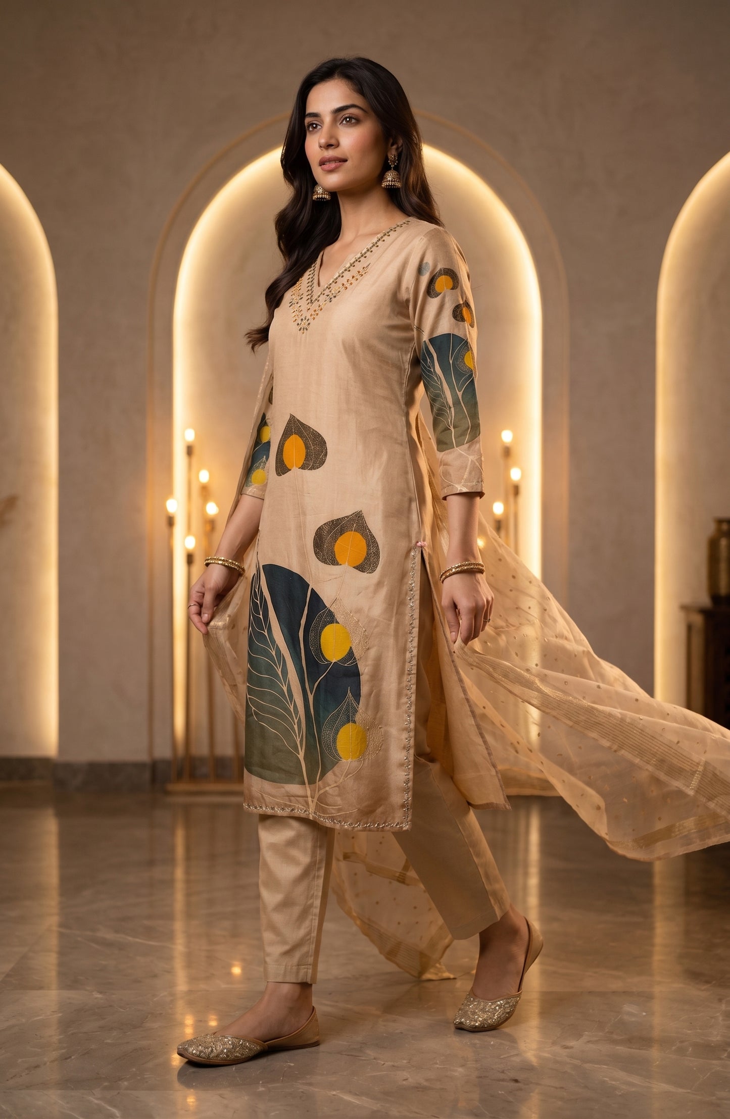 Beige Pichwai Leaf Print Kurti Set