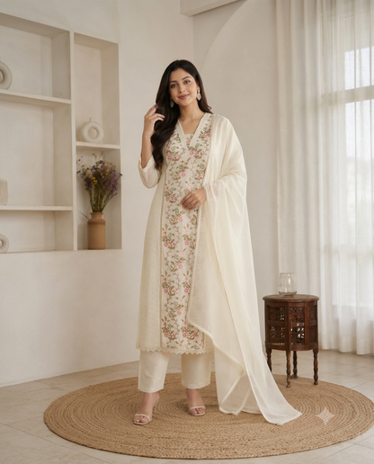 Ivory Floral Embroidered Kurti Set