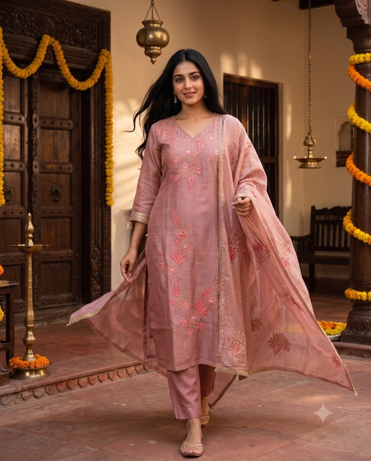 Soft Peach/Salmon Pink Floral Embroidered Kurti Set