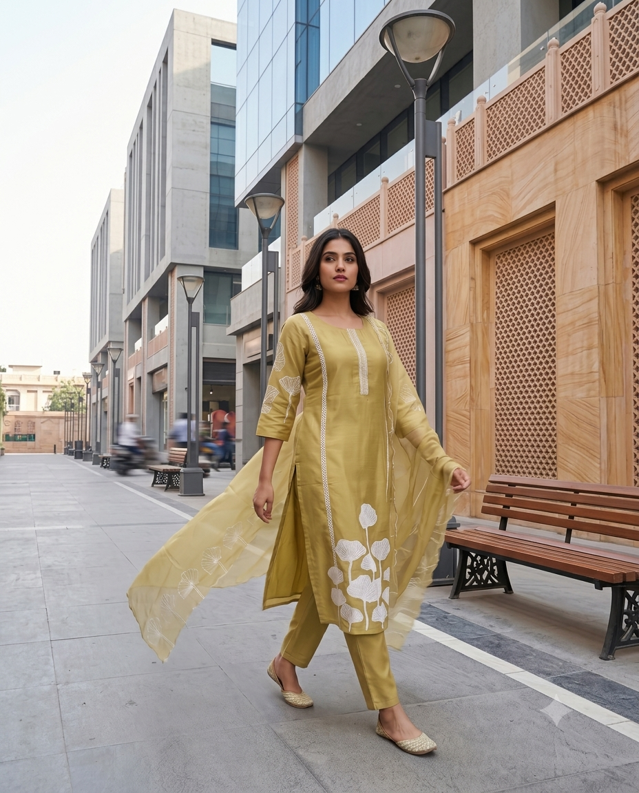 Pastel Yellow Ginkgo Embroidered Kurti Set