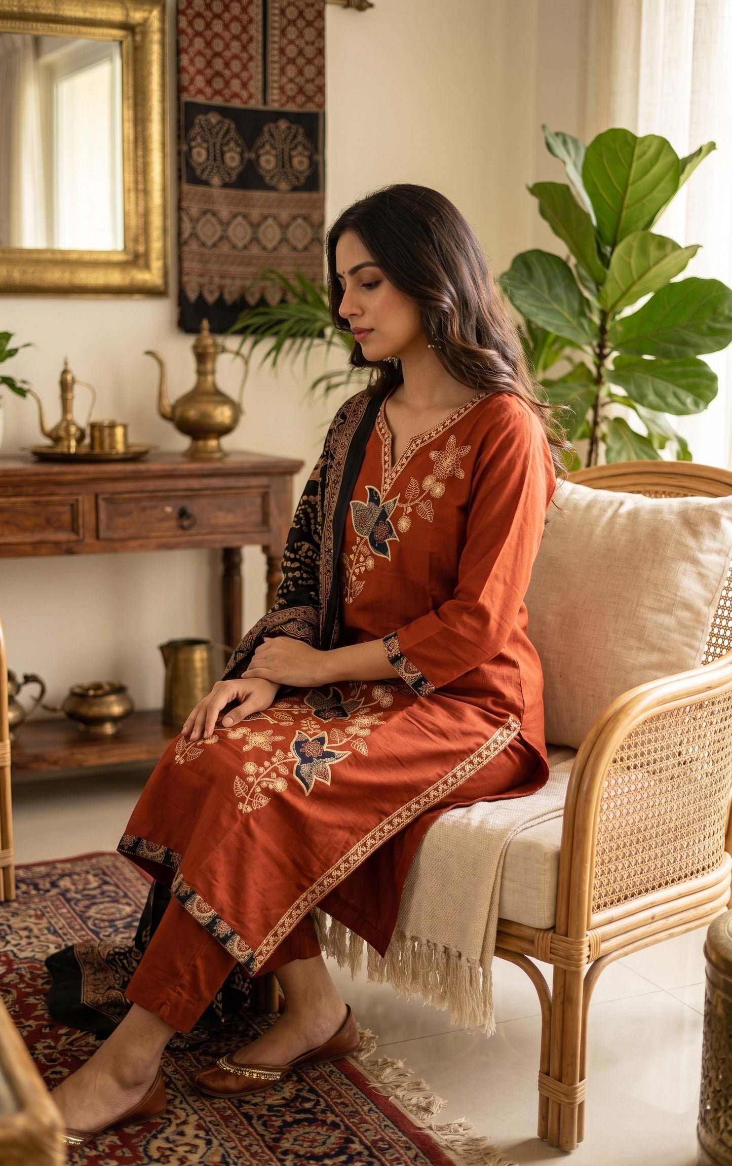 Rust Lotus Embroidered Kurti Set with Ajrakh Dupatta