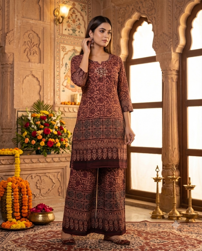 Maroon Ajrakh Print Kurti with Palazzo