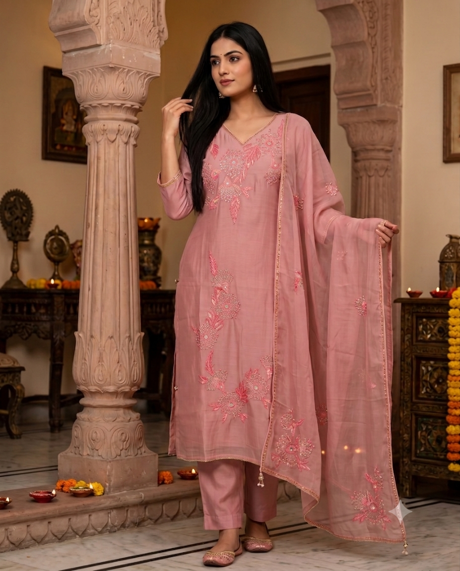 Soft Peach/Salmon Pink Floral Embroidered Kurti Set