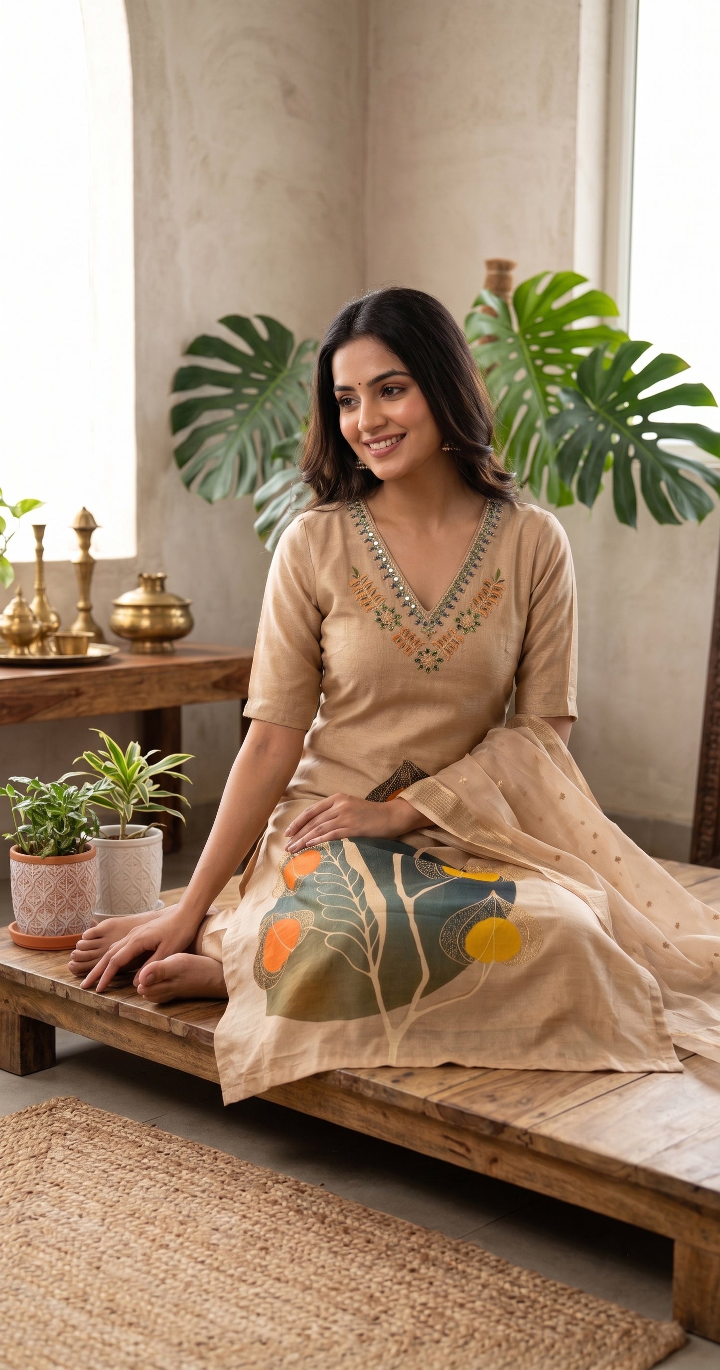 Beige Pichwai Leaf Print Kurti Set
