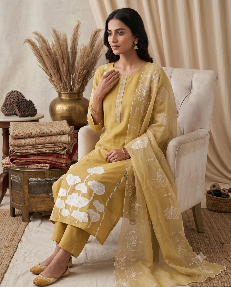 Pastel Yellow Ginkgo Embroidered Kurti Set