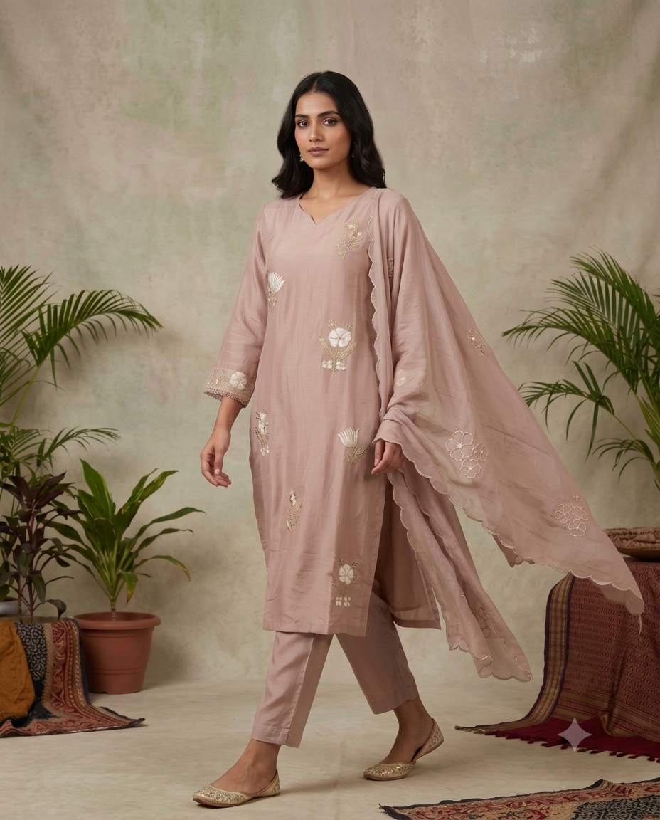 Soft Beige Floral Butti Embroidered Kurti Set