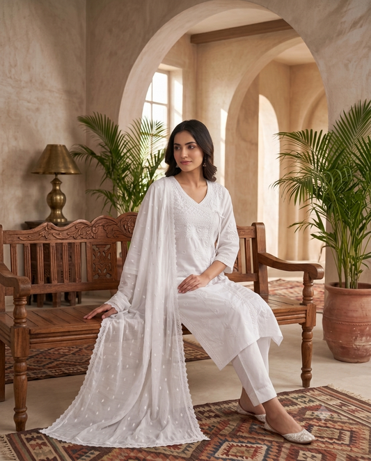 White Chikankari Kurti Set