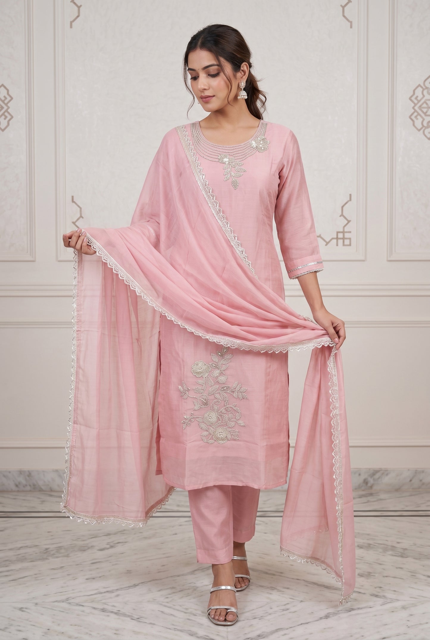 Blush Pink Embroidered Kurti Set with Dupatta