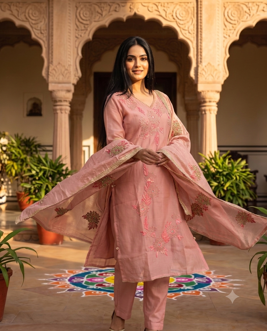 Soft Peach/Salmon Pink Floral Embroidered Kurti Set
