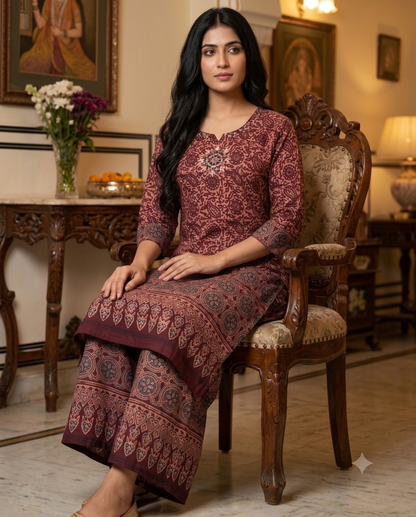 Maroon Ajrakh Print Kurti with Palazzo