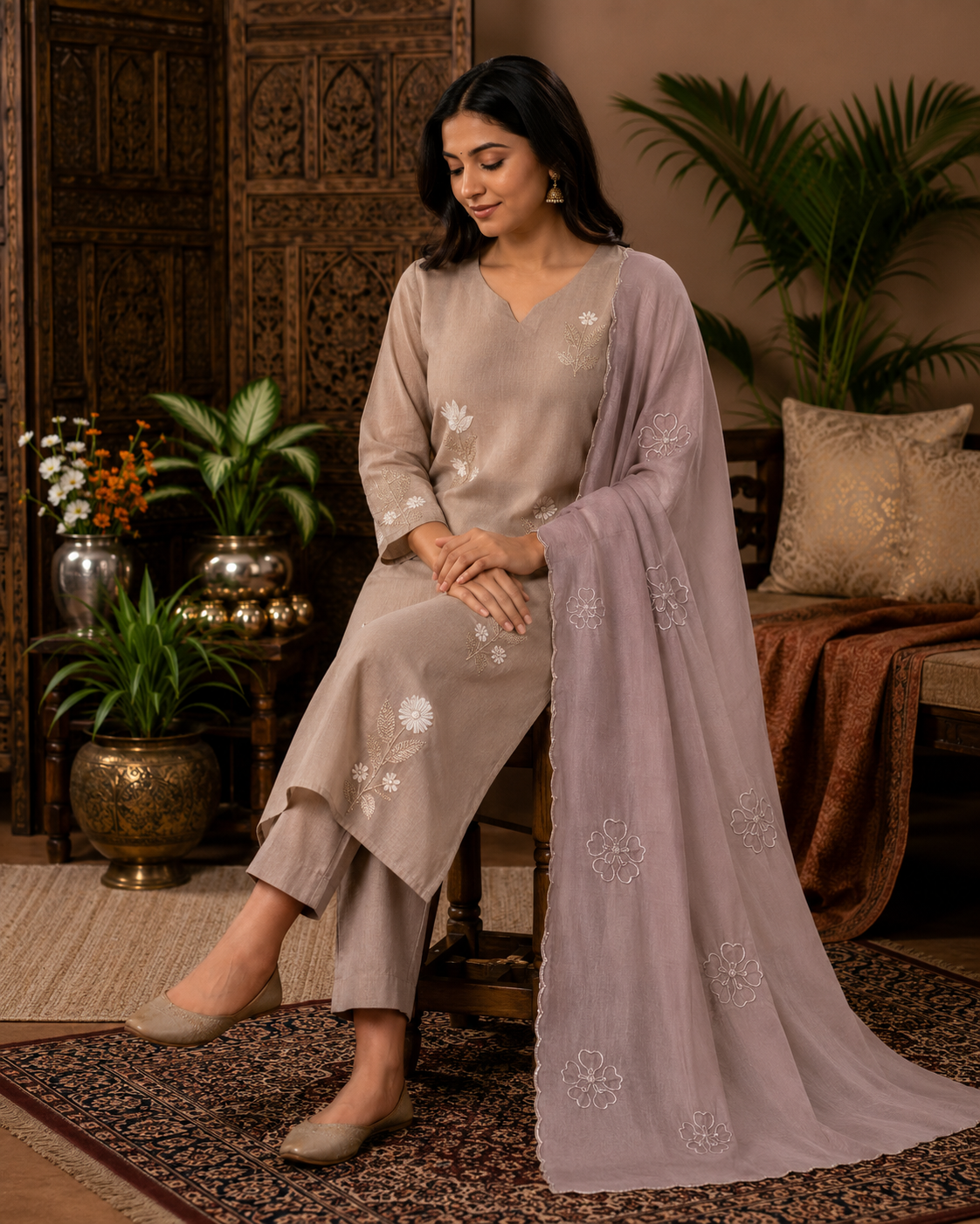 Soft Beige Floral Butti Embroidered Kurti Set