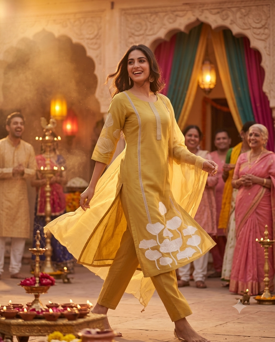 Pastel Yellow Ginkgo Embroidered Kurti Set