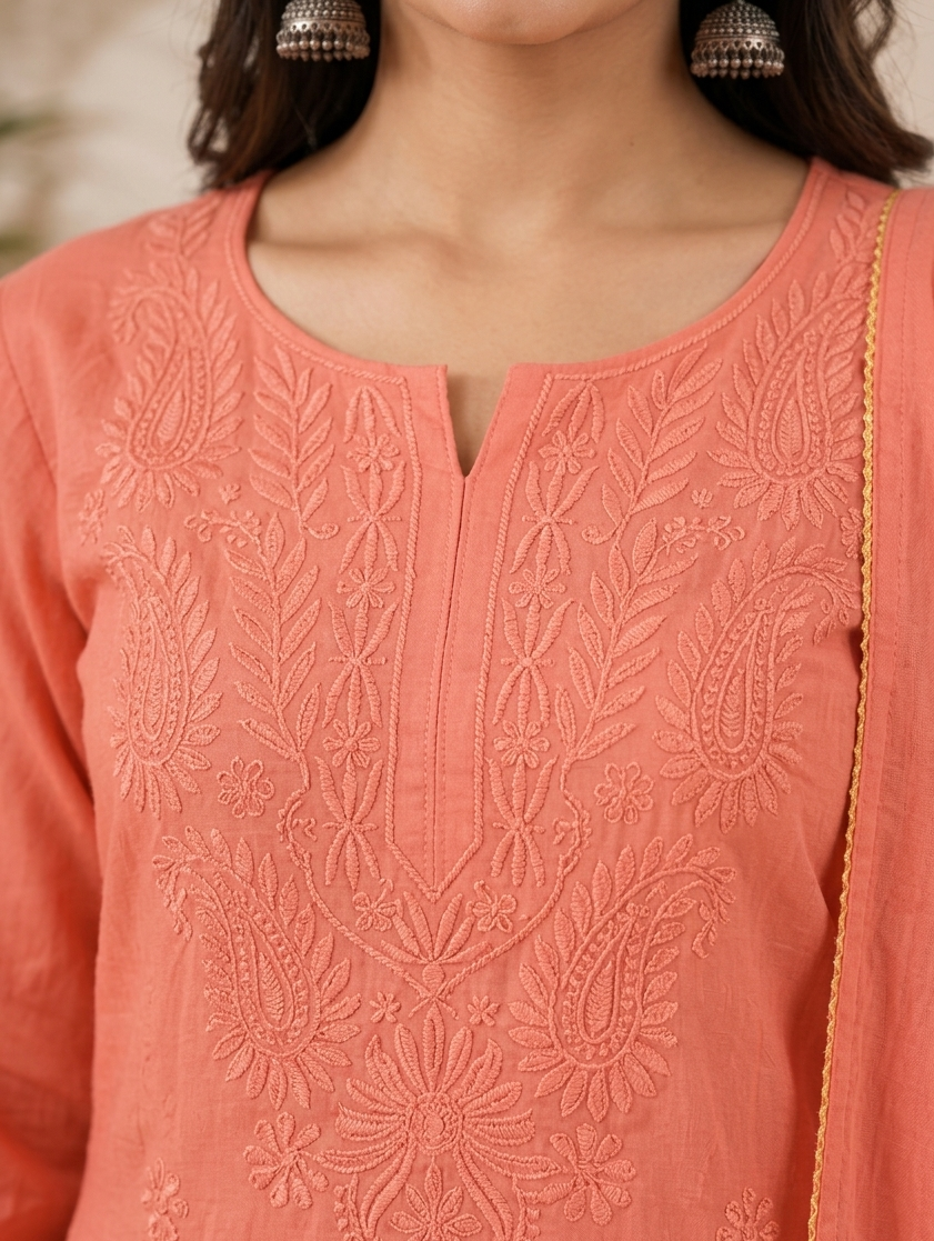 Coral Chikankari Kurta Set – Floral Thread Embroidery