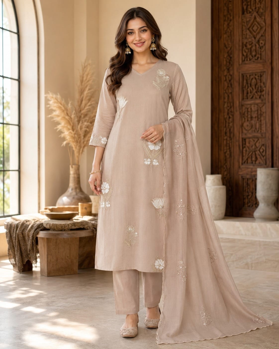 Soft Beige Floral Butti Embroidered Kurti Set