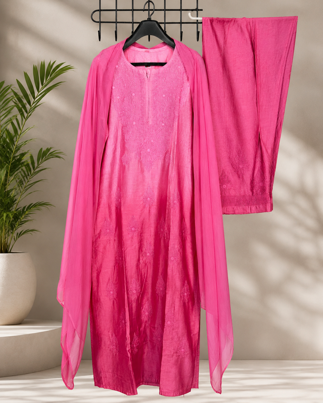 Hot Pink Chikankari Kurti Set – Tonal Floral Embroidery