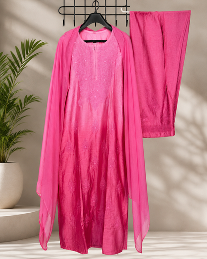 Hot Pink Chikankari Kurti Set – Tonal Floral Embroidery