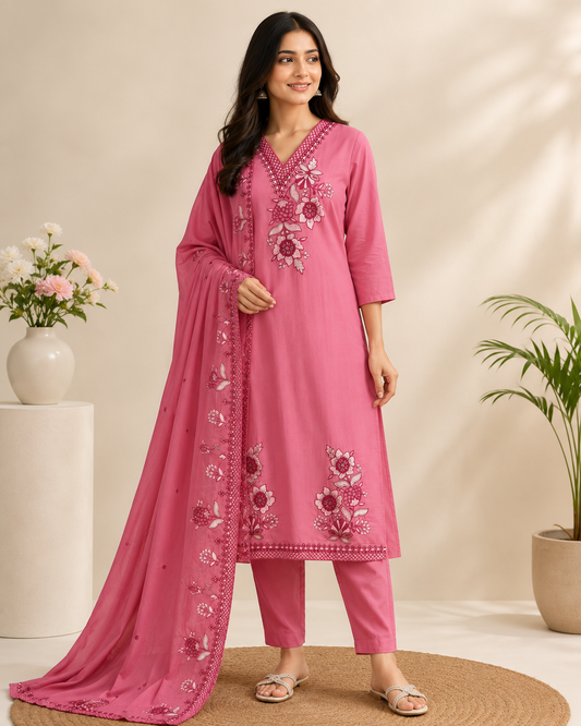 Peach Pink Floral Embroidered Kurti Set