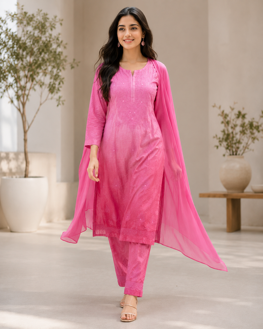 Hot Pink Chikankari Kurti Set – Tonal Floral Embroidery