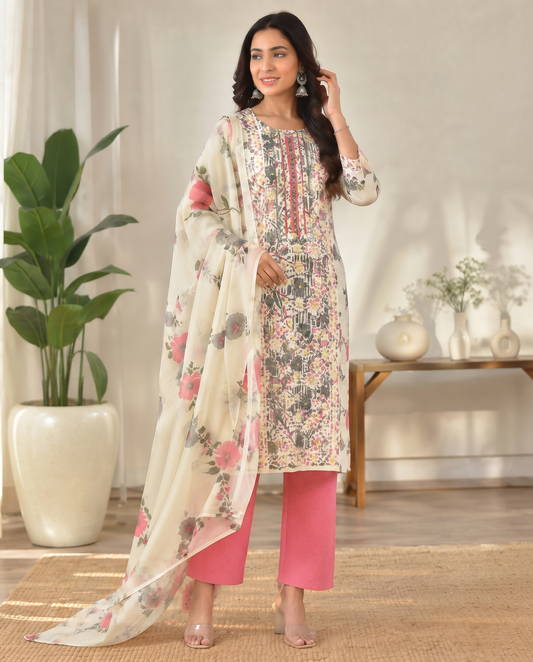 Ivory Multi-Floral Printed Kurti Set with Pink Pants & Floral Dupatta