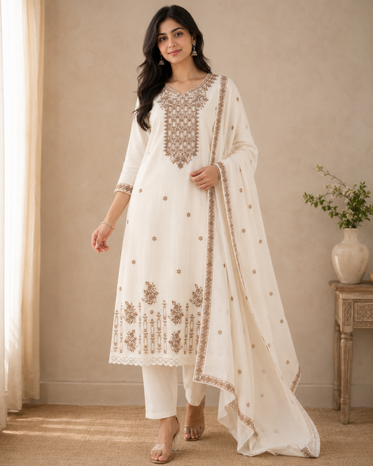 Off-White Mauve Geometric Embroidered Kurti Set
