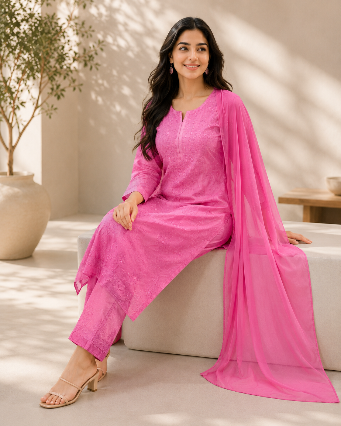 Hot Pink Chikankari Kurti Set – Tonal Floral Embroidery