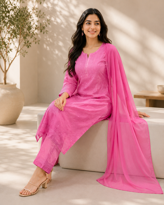 Hot Pink Chikankari Kurti Set – Tonal Floral Embroidery