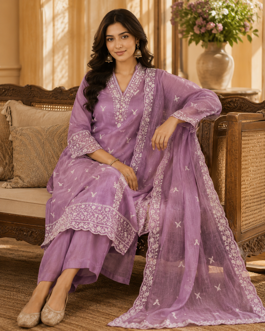Purple  Butterfly Chikankari Kurti Set