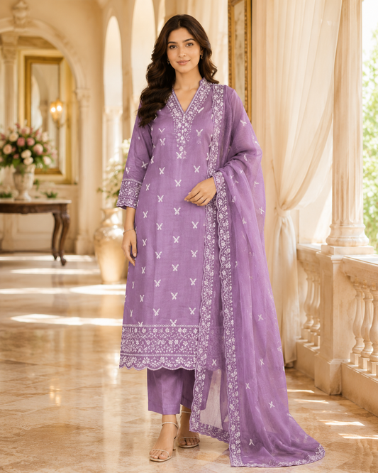 Purple  Butterfly Chikankari Kurti Set