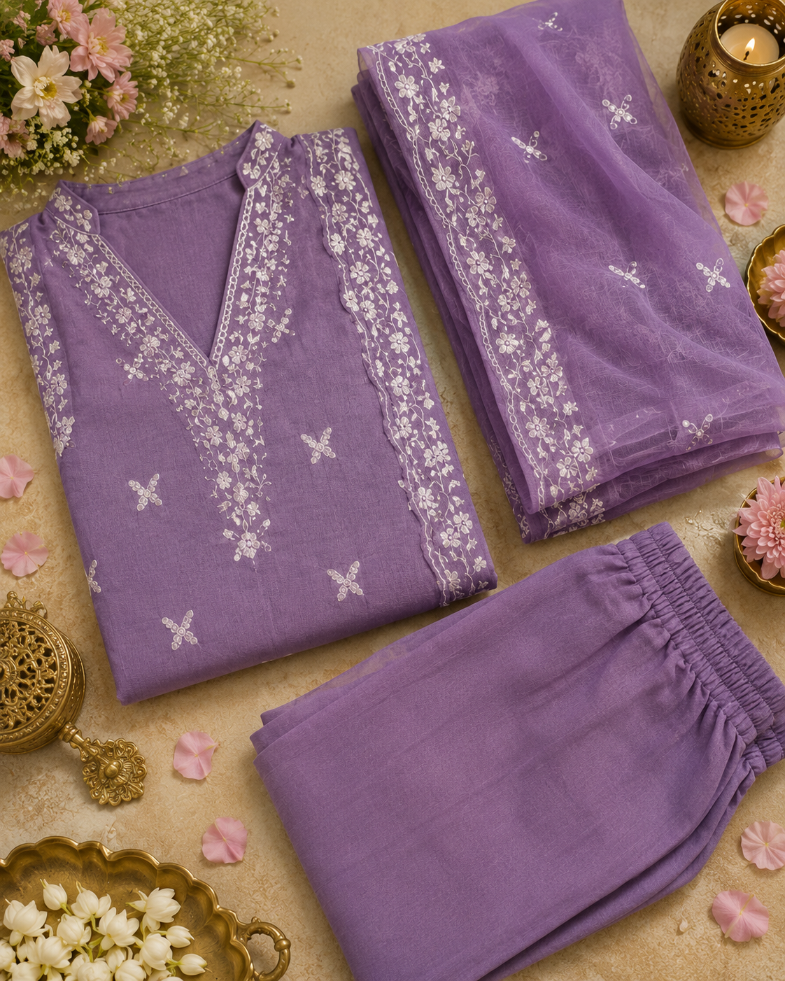 Purple  Butterfly Chikankari Kurti Set