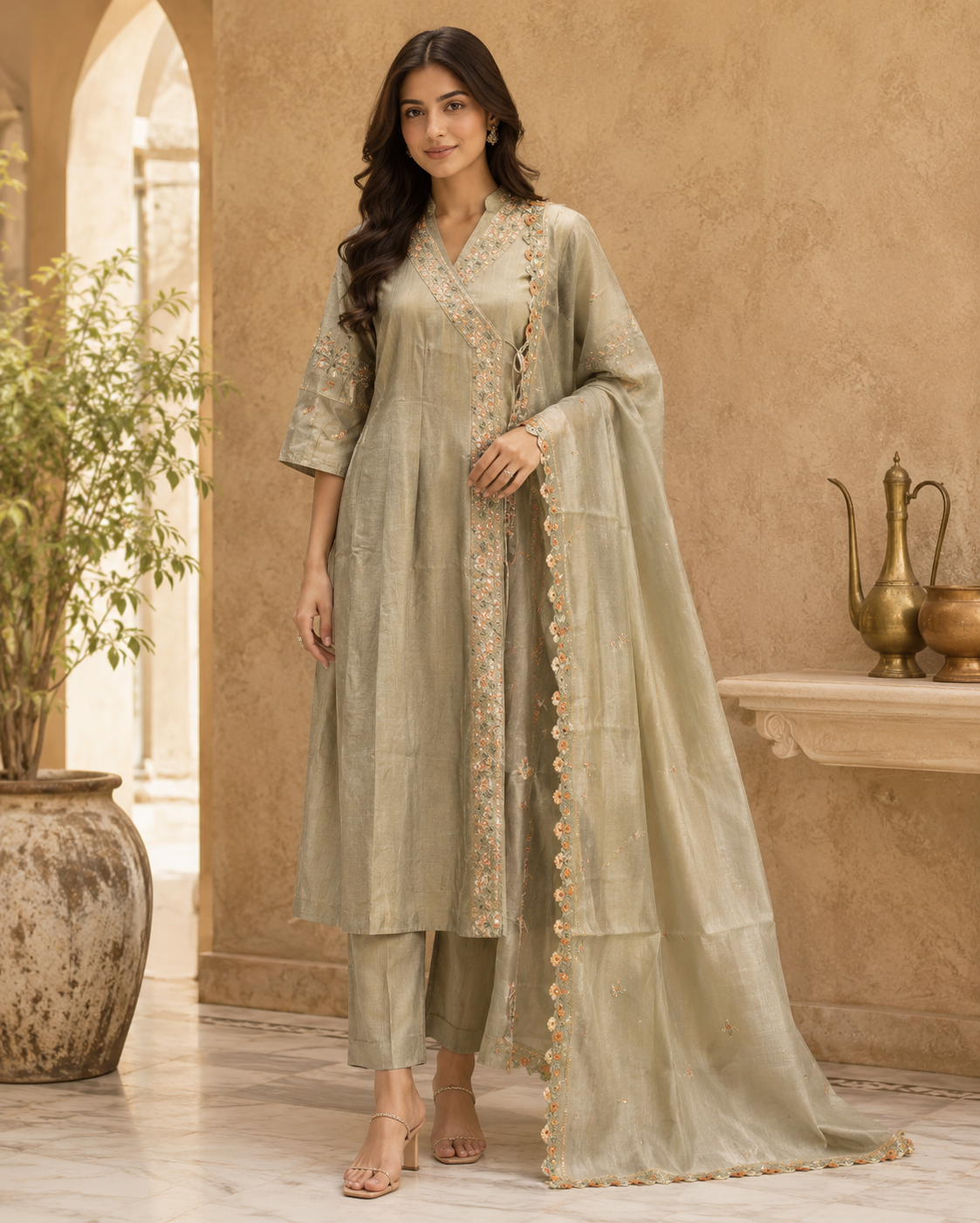 Warm beige Embroidered Kurti Set with Dupatta